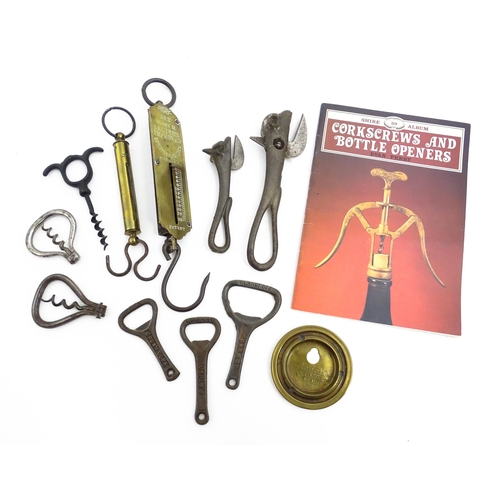 1182 - A quantity of assorted corkscrews, bottle openers, etc. to include a bulls head tin / can opener, a ... 