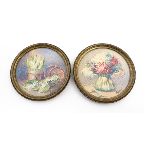 1191 - Two 20thC miniature watercolours depicting still life studies depicting flowers. Both indistinctly s... 