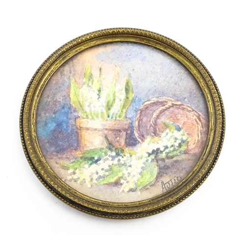 1191 - Two 20thC miniature watercolours depicting still life studies depicting flowers. Both indistinctly s... 