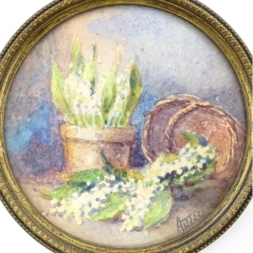 1191 - Two 20thC miniature watercolours depicting still life studies depicting flowers. Both indistinctly s... 