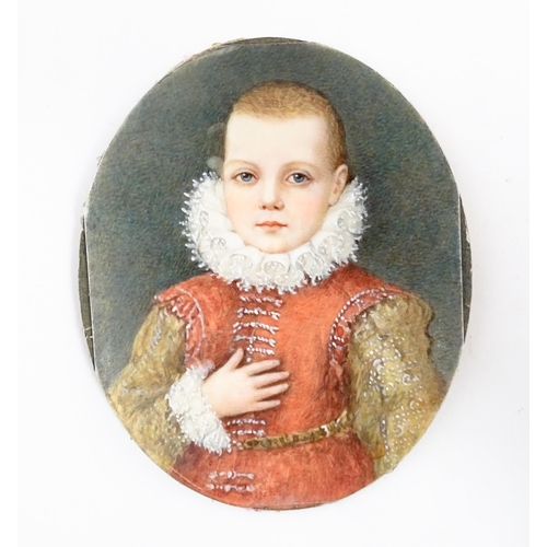 1192 - An oval watercolour portrait miniature depicting a portrait of a young noble boy, ascribed to revers... 