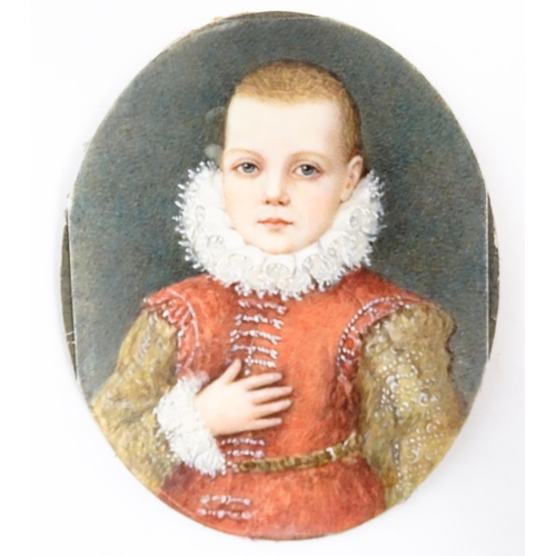 1192 - An oval watercolour portrait miniature depicting a portrait of a young noble boy, ascribed to revers... 