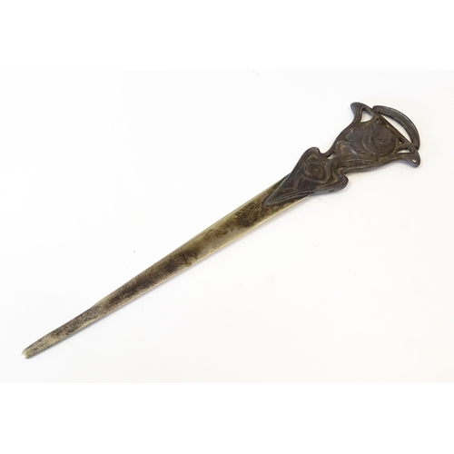 1203 - An Art Nouveau cast letter opener / paper knife with female head and tendril detail. In the WMF styl... 