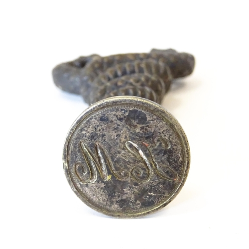 1204 - A 19thC cast desk / hand seal formed as two intertwined dragons / sea serpents, with monogram to sea... 