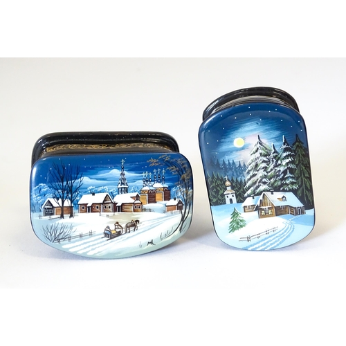 1212 - Two late 20thC Russian lacquered boxes decorated with winter scenes. Signed in Cyrillic under. Large... 