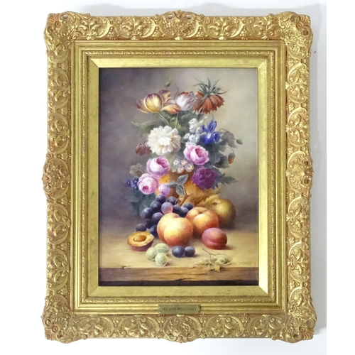 1222 - A 20thC hand painted porcelain plaque depicting a still life with flowers and fruit by Milwyn Hollow... 