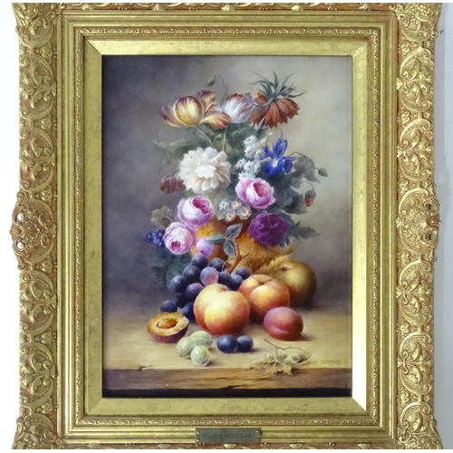 1222 - A 20thC hand painted porcelain plaque depicting a still life with flowers and fruit by Milwyn Hollow... 