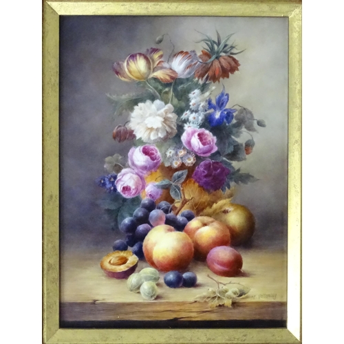 1222 - A 20thC hand painted porcelain plaque depicting a still life with flowers and fruit by Milwyn Hollow... 