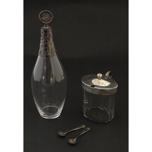 233 - A glass bottle with French silver mounts, together with a glass George III mustard pot with silver m... 