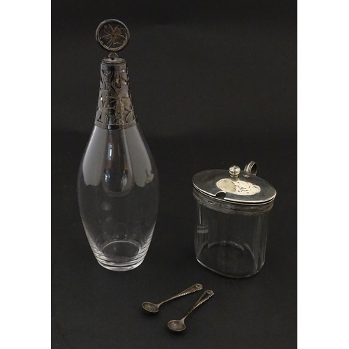 233 - A glass bottle with French silver mounts, together with a glass George III mustard pot with silver m... 