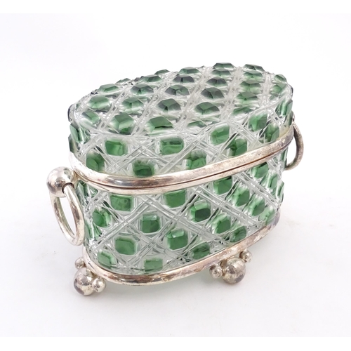 234 - A late 20thC biscuit box / hinged lidded box the green and clear cut glass body with silver plate mo... 