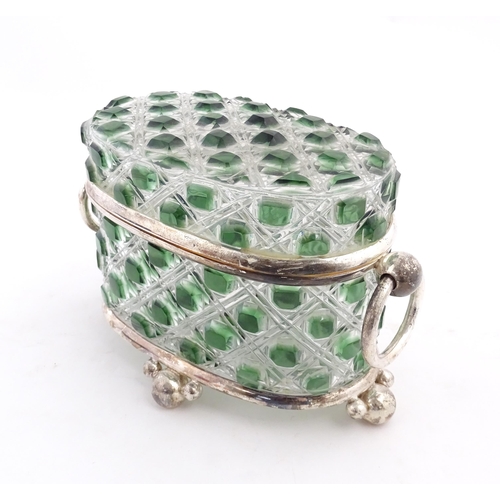 234 - A late 20thC biscuit box / hinged lidded box the green and clear cut glass body with silver plate mo... 