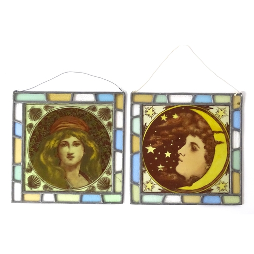 243 - Two stained glass panels with Art Nouveau style detail to centre. Approx. 15