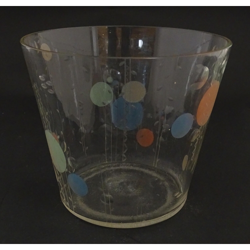 256 - A mid century glass ice bucket / vase with engraved decoration and coloured roundels. Approx. 5 1/2