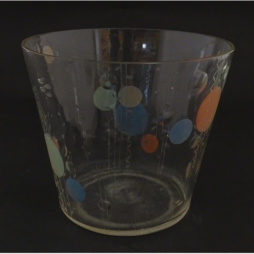 256 - A mid century glass ice bucket / vase with engraved decoration and coloured roundels. Approx. 5 1/2