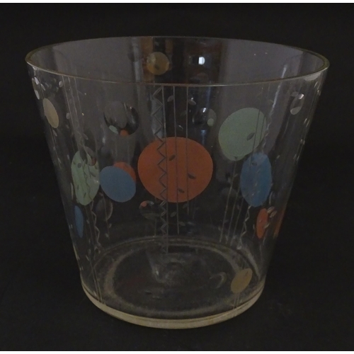 256 - A mid century glass ice bucket / vase with engraved decoration and coloured roundels. Approx. 5 1/2