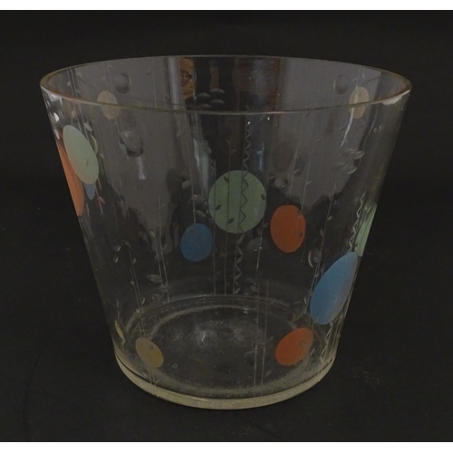 256 - A mid century glass ice bucket / vase with engraved decoration and coloured roundels. Approx. 5 1/2