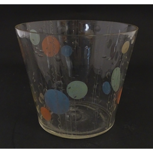 256 - A mid century glass ice bucket / vase with engraved decoration and coloured roundels. Approx. 5 1/2