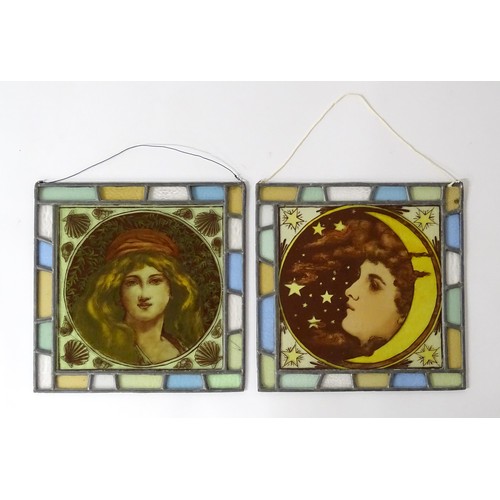 243 - Two stained glass panels with Art Nouveau style detail to centre. Approx. 15