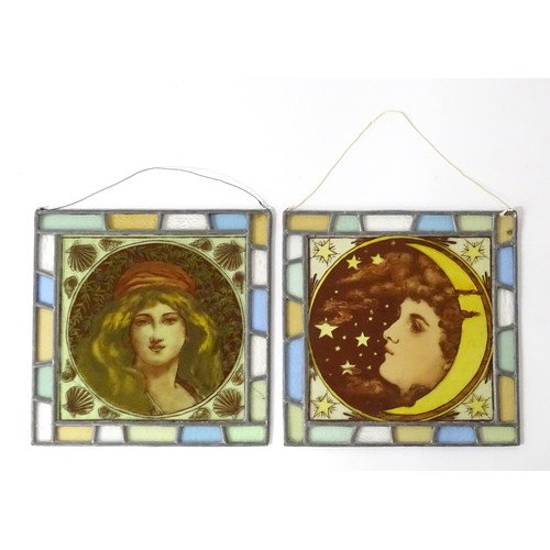 243 - Two stained glass panels with Art Nouveau style detail to centre. Approx. 15