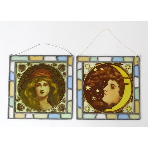 243 - Two stained glass panels with Art Nouveau style detail to centre. Approx. 15