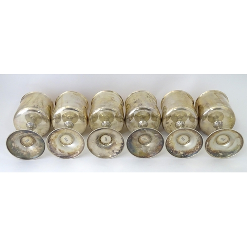 525 - A cased set of six Queen Elizabeth II silver goblets with gilded interiors and textured stems, hallm... 