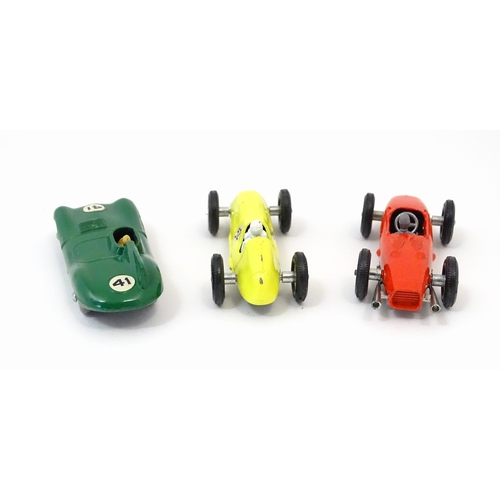 856 - Toys: Three Lesney Matchbox Series die cast scale model racing cars comprising a green D Type Jaguar... 