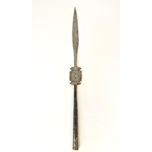 1091 - Three Persian lance / spear heads, to include a trident example with engraved foliate decoration. La... 