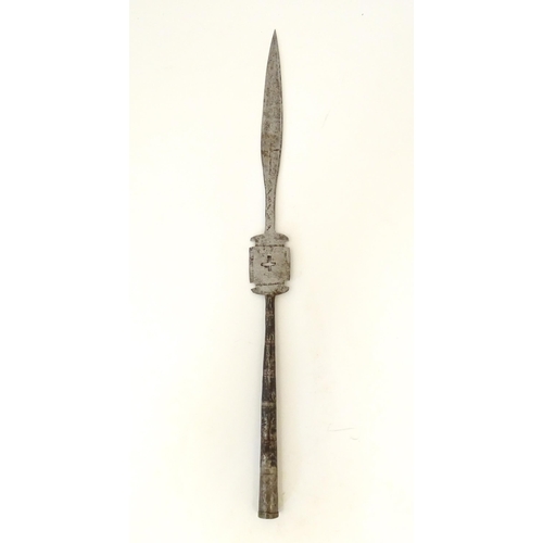 1091 - Three Persian lance / spear heads, to include a trident example with engraved foliate decoration. La... 