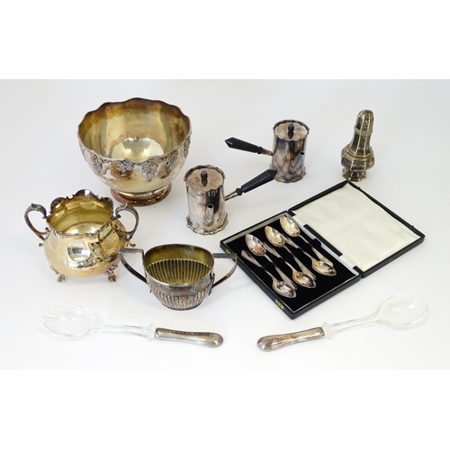 574 - A quantity of assorted silver plated wares to include chocolate pots, bowls, salad servers, caster s... 