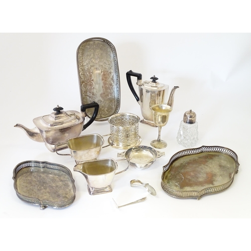 577 - A quantity of silver plated wares to include trays, tea set, bottle coaster, etc.