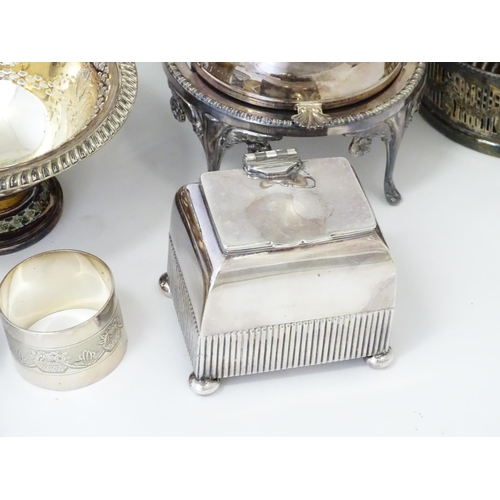 580 - A quantity of 19thC and later silver plated wares to include tea set, spirit kettle, serving dishes,... 