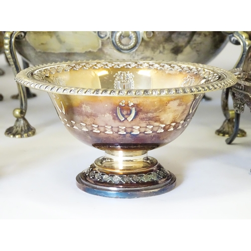 580 - A quantity of 19thC and later silver plated wares to include tea set, spirit kettle, serving dishes,... 