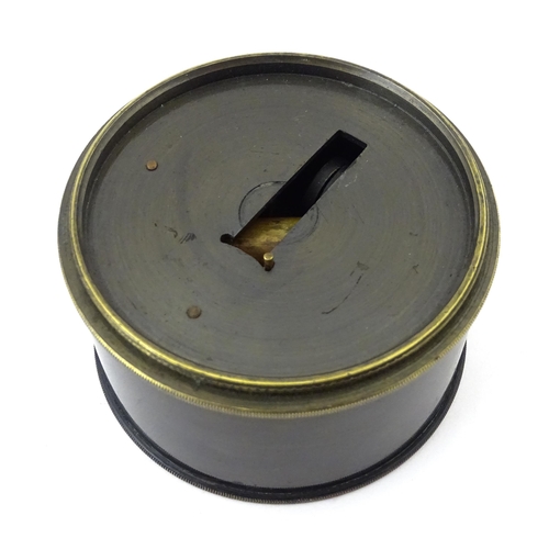 1177 - A late 19thC cased brass pocket drum sextant, the interior lid with tangential measurement table. Ap... 