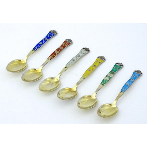 308 - Scandinavian Silver: A set of six Norwegian silver gilt teaspoons with guilloche enamel decoration t... 