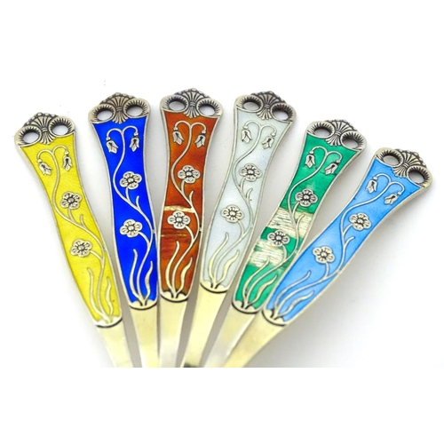 308 - Scandinavian Silver: A set of six Norwegian silver gilt teaspoons with guilloche enamel decoration t... 