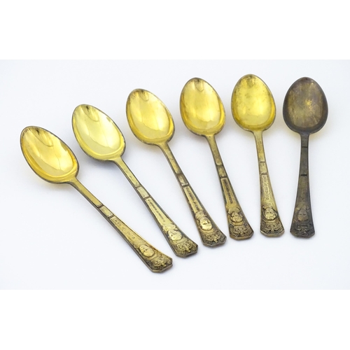 362 - A set of six commemorative / souvenir silver gilt teaspoons depicting various members of the Royal F... 