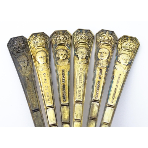 362 - A set of six commemorative / souvenir silver gilt teaspoons depicting various members of the Royal F... 