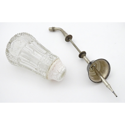 405 - A cut glass atomiser with sterling silver mount, maker William Henry Sparrow. 
Together with a glass... 