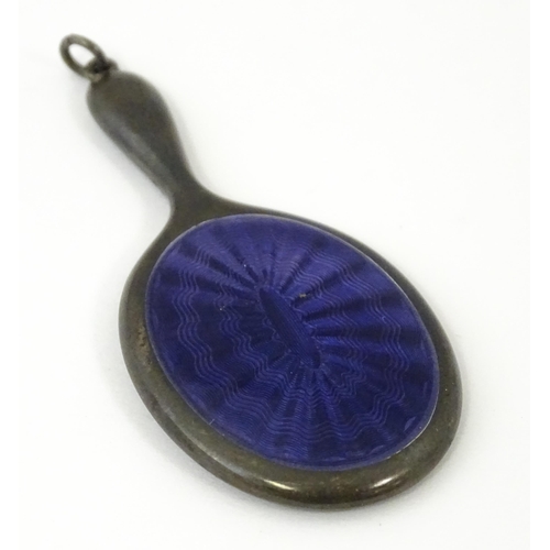 408 - A silver miniature hand mirror with purple guilloche enamel decoration hallmarked Birmingham 1921, m... 