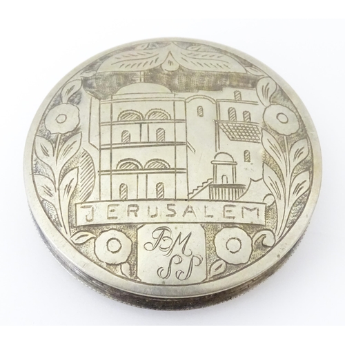 461 - A Continental .835 silver compact depicting engraved scene to lid titled Jerusalem, maker Leo Gersti... 