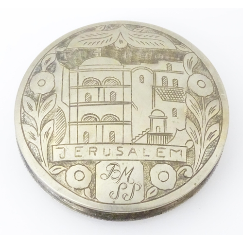 461 - A Continental .835 silver compact depicting engraved scene to lid titled Jerusalem, maker Leo Gersti... 