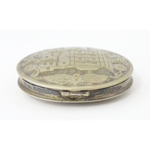 461 - A Continental .835 silver compact depicting engraved scene to lid titled Jerusalem, maker Leo Gersti... 