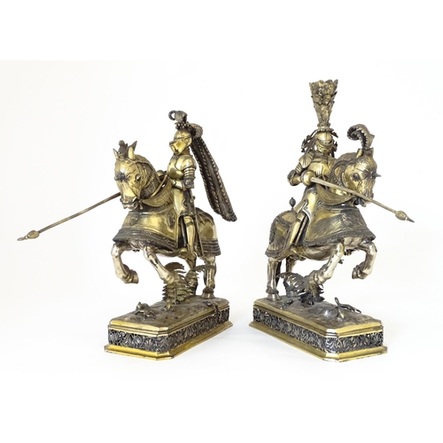 369 - A pair of silver gilt jousting knights on horseback, bearing marks probably for Neresheimer, Hanau, ... 