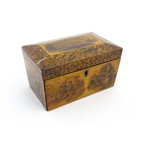 1090 - A 19thC tea caddy of tapering form with transfer decoration depicting rural scenes, courting couples... 