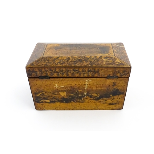 1090 - A 19thC tea caddy of tapering form with transfer decoration depicting rural scenes, courting couples... 