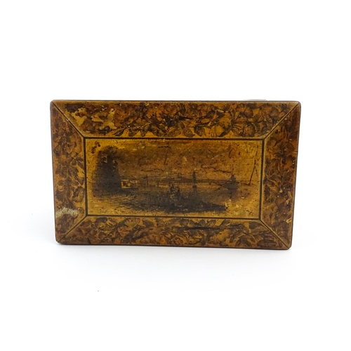 1090 - A 19thC tea caddy of tapering form with transfer decoration depicting rural scenes, courting couples... 