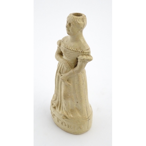 1105 - A Queen Victorian stoneware reform / spirit flask modelled as young Queen Victoria. The base titled ... 