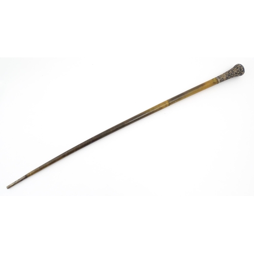 1274 - A late 19thC rhino horn walking stick / cane with embossed white metal top with acanthus scroll and ... 