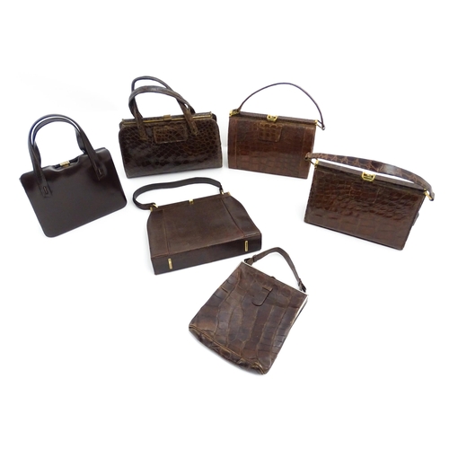 1328 - Vintage fashion / clothing: Six brown leather handbags. Together with a brown leather wallet. The la... 